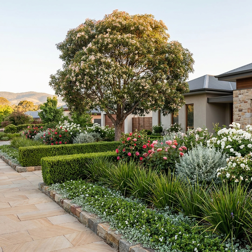 An established Adelaide garden with a feature tree, clipped hedging, flowering shrubs, natives and groundcovers