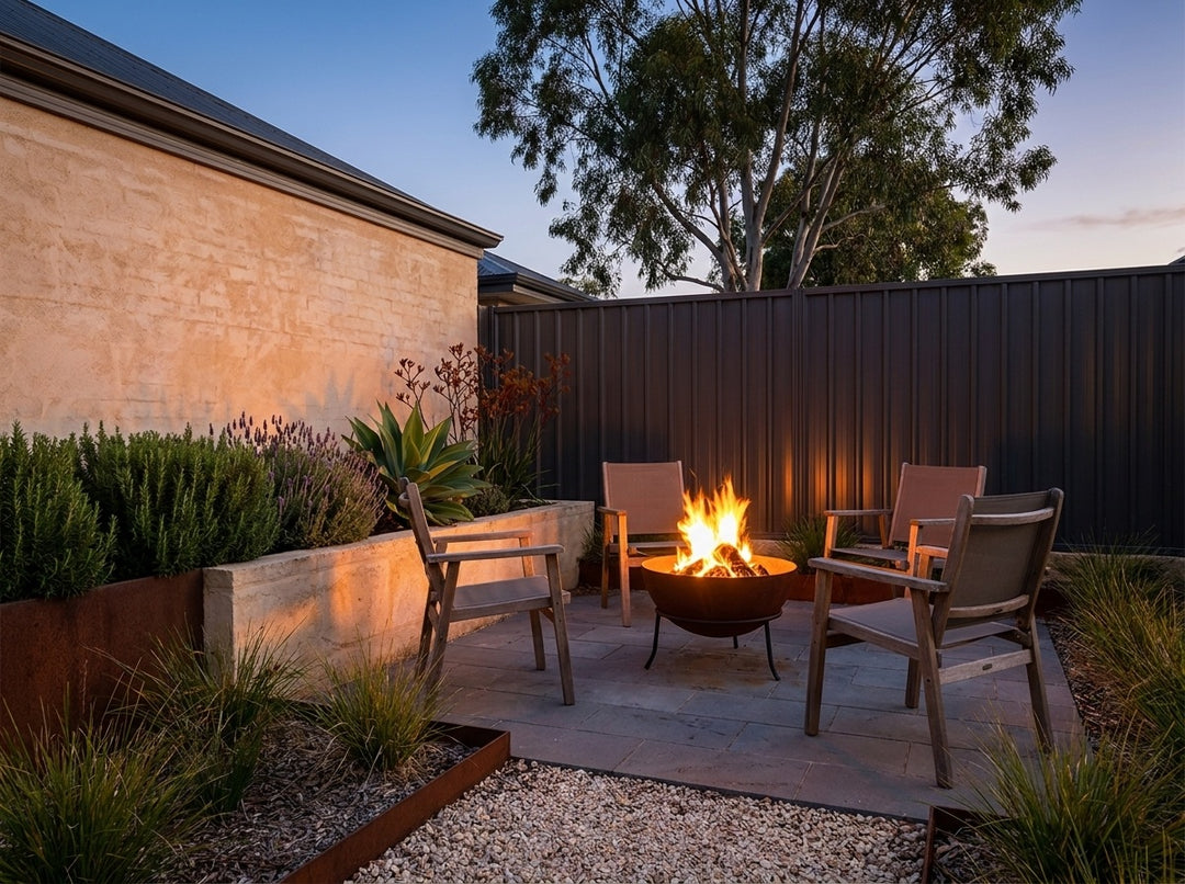 Steel fire pit burning at dusk in a paved Adelaide courtyard, chairs drawn up around it