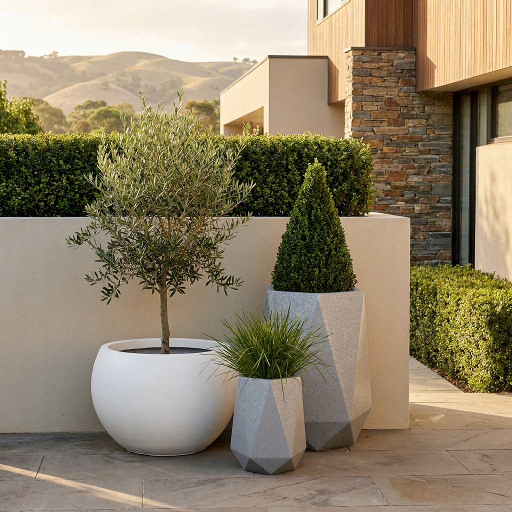 Terrazzo and concrete-look fibre-clay planters styled in a landscaped Adelaide courtyard