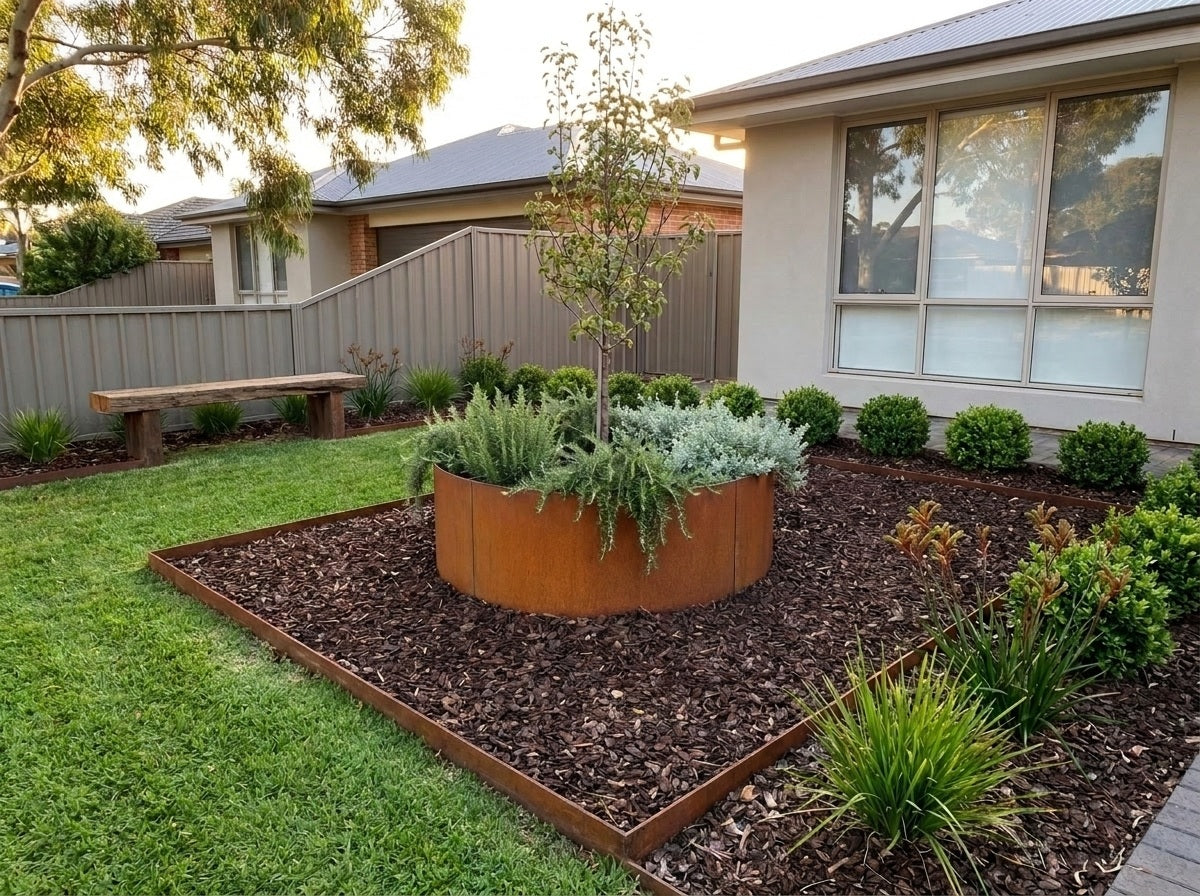 Straightcurve weathering steel ring garden bed around an ornamental pear in an Adelaide front garden
