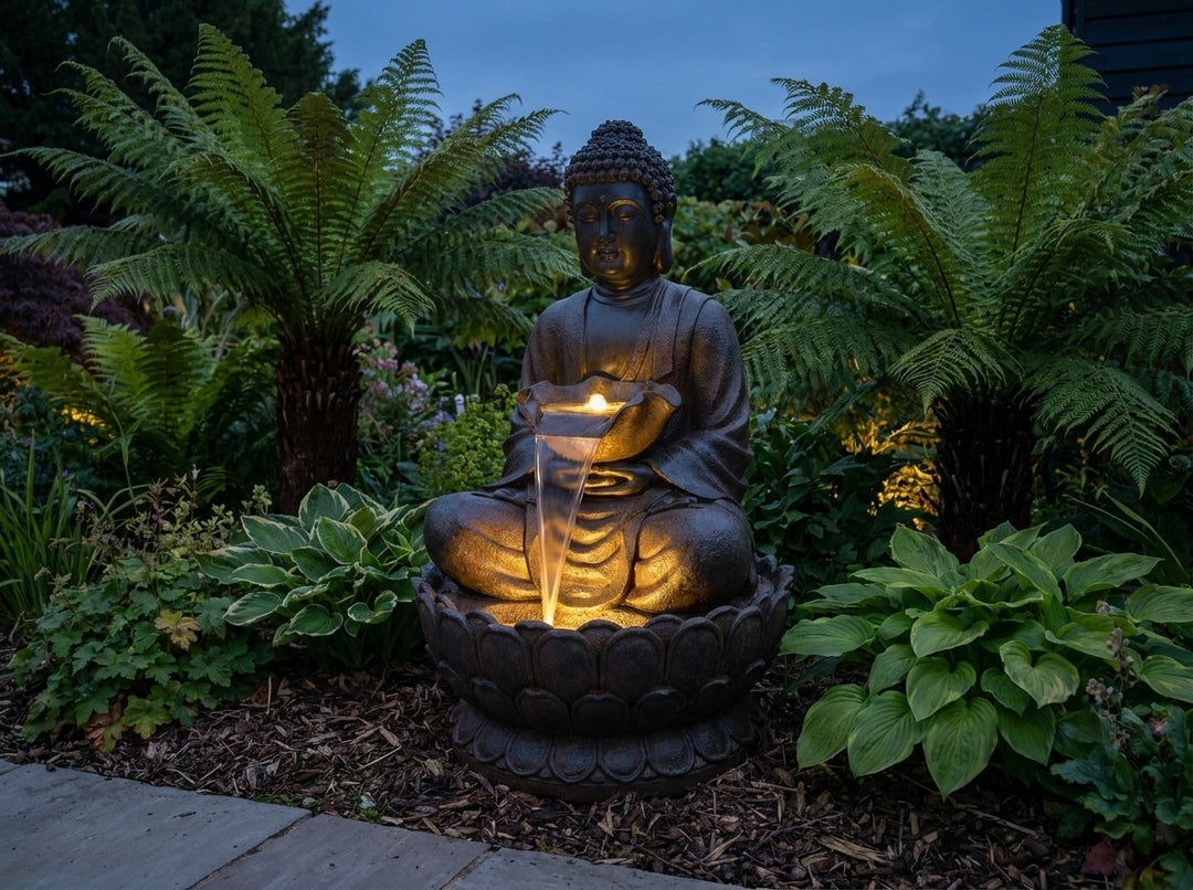 Lit polyresin Buddha water feature glowing at dusk in a fern-filled Adelaide garden bed