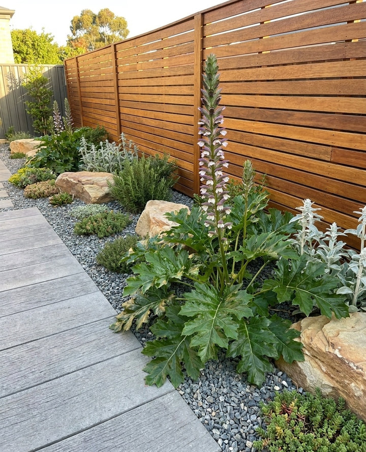 Acanthus mollis planted in a gravel-mulched dry garden with feature stones in an Adelaide garden.