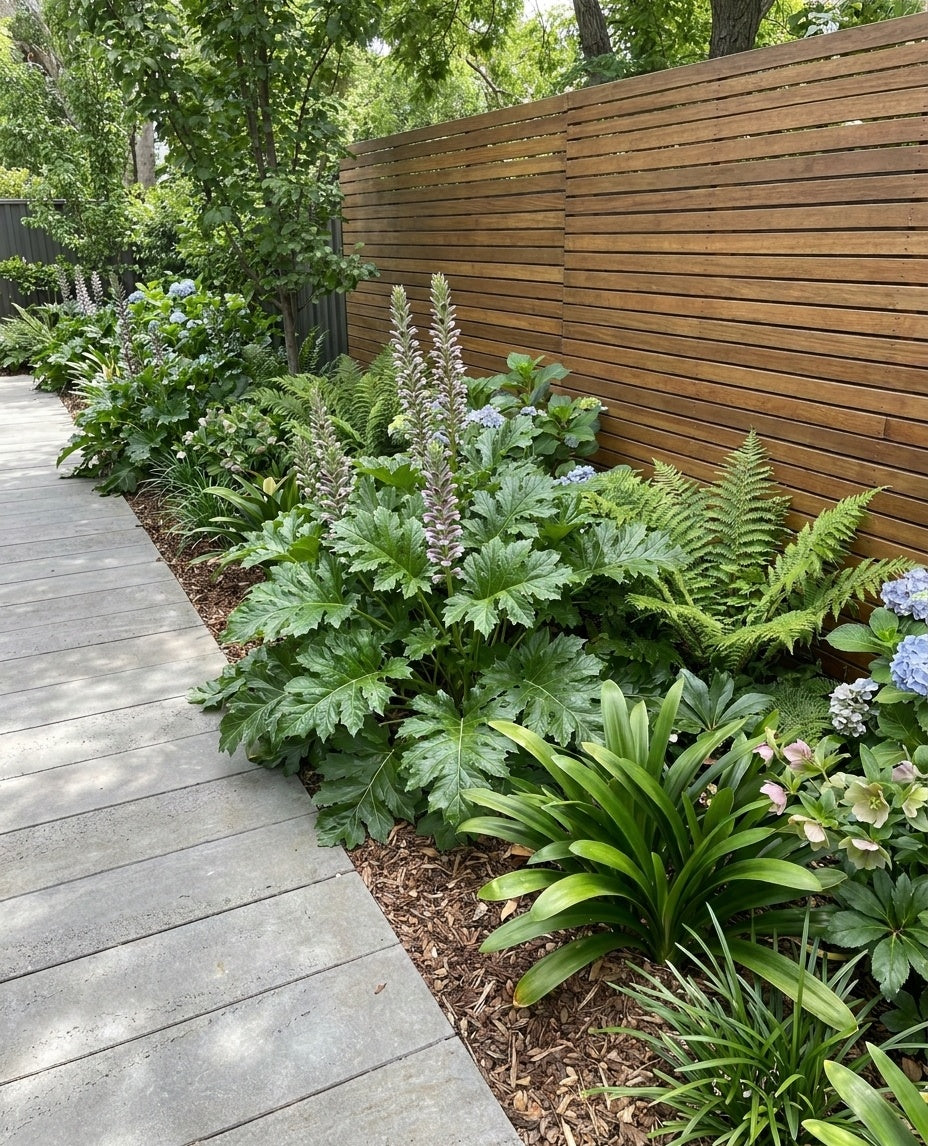 Acanthus mollis planted in a gravel-mulched dry garden with feature stones in an Adelaide garden.