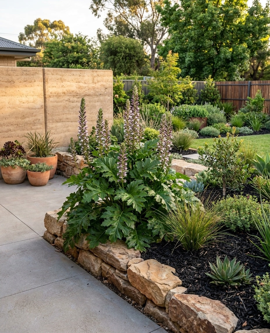 Acanthus mollis in a low rockery bed beside a stone wall in an Adelaide garden.