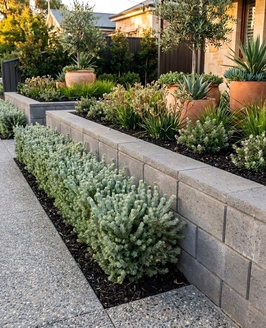 Adenanthos Sericeus planted as a neat clipped hedge edging a garden bed beside a path in an Adelaide garden.