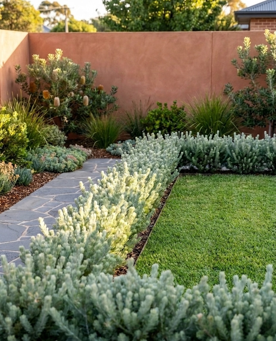 Adenanthos Sericeus used as a low formal border framing a lawn in an Adelaide garden.