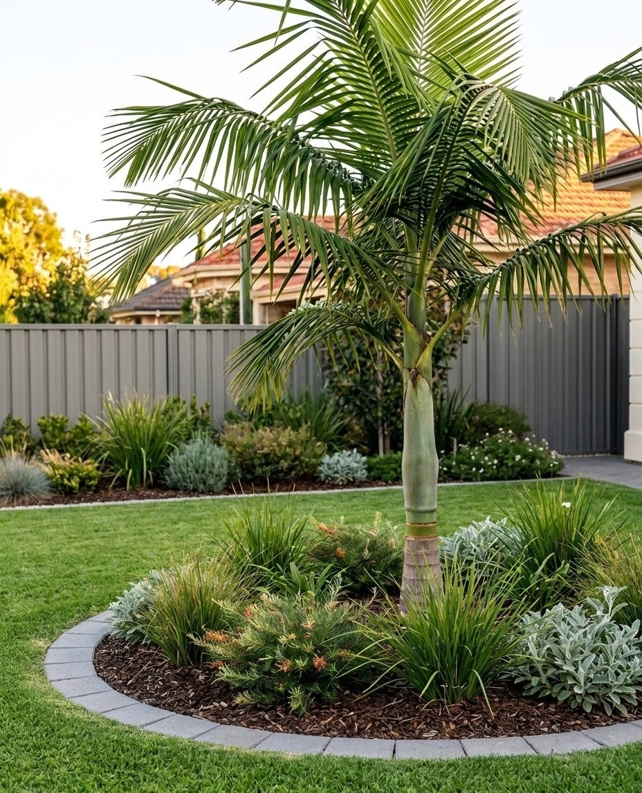 Archontophoenix cunninghamiana as a feature tree in a lawn with a mulched garden bed at its base in an Adelaide garden.