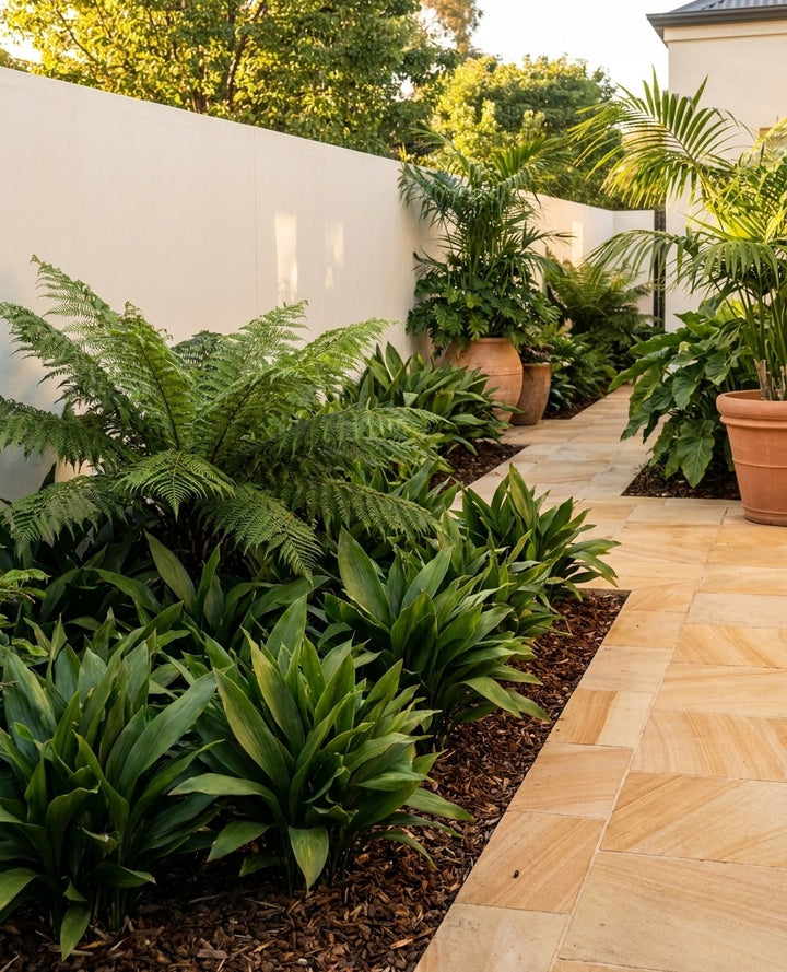 Aspidistra elatior carpeting the front of a mixed garden bed beneath taller planting in an Adelaide garden.