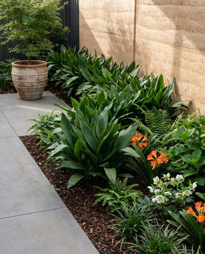 Aspidistra elatior planted between stepping pavers as a soft lawn alternative in an Adelaide garden.