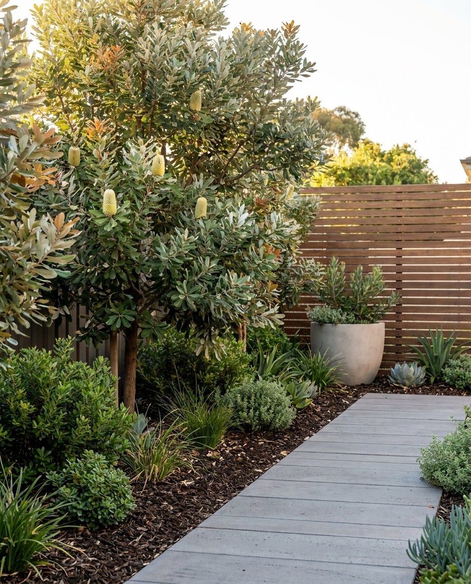 Banksia integrifolia (Coast Banksia) as a coastal windbreak and privacy screen along an exposed boundary, in an Adelaide garden.