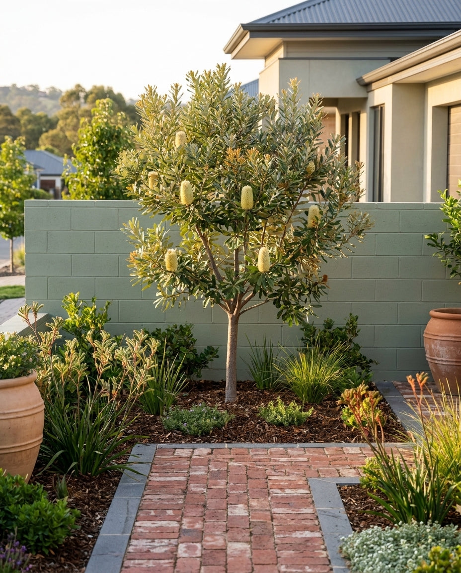 Banksia integrifolia (Coast Banksia) as a feature specimen tree with pale yellow winter flowers, in an Adelaide garden.