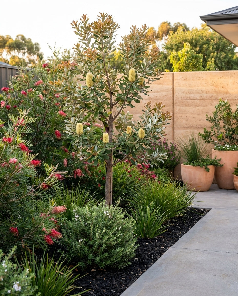 Banksia integrifolia (Coast Banksia) in a mixed native backdrop with grevilleas, lomandras and westringias, in an Adelaide garden.