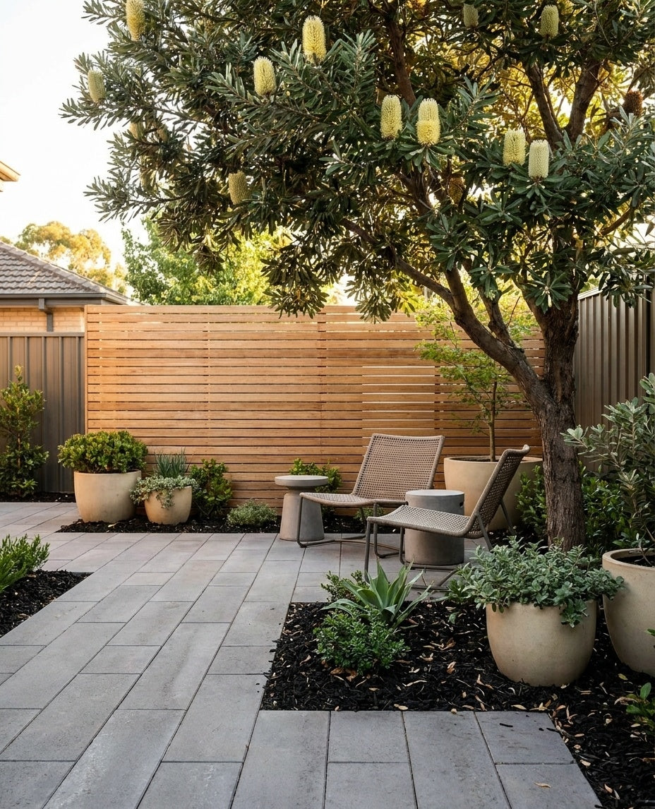 Banksia Marginata shading a paved courtyard with outdoor seating beneath it in an Adelaide garden.