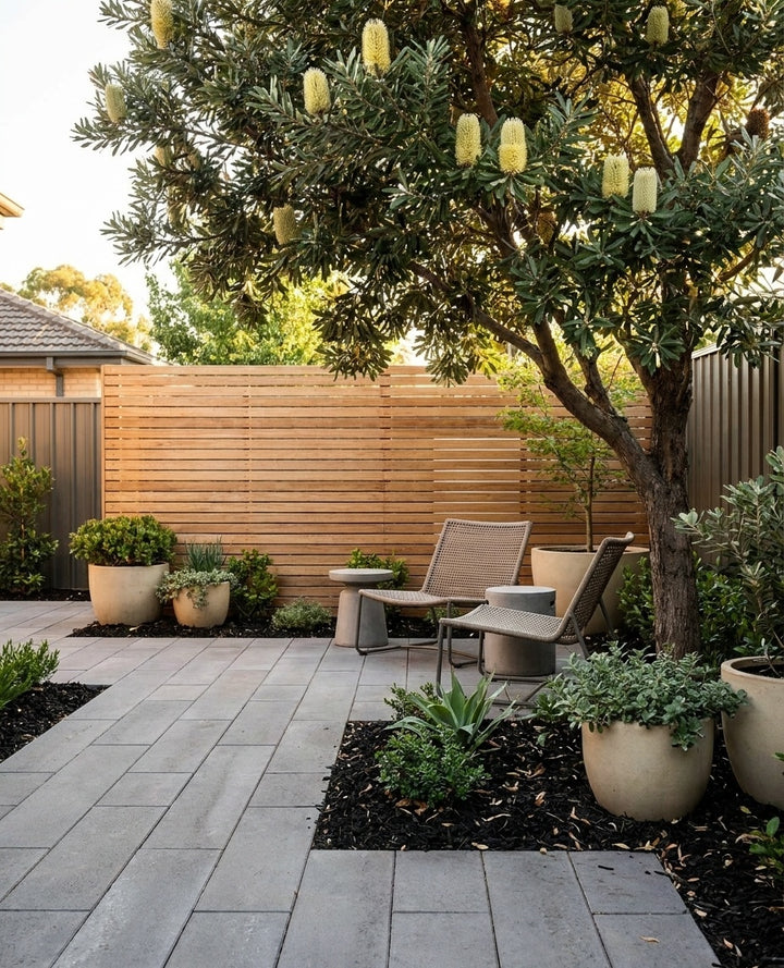 Banksia Marginata shading a paved courtyard with outdoor seating beneath it in an Adelaide garden.