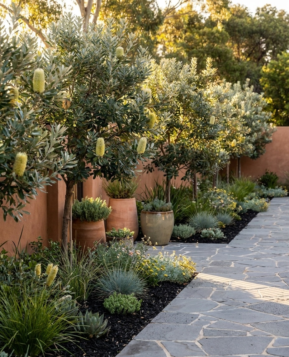 Banksia Marginata planted as a row along a driveway edge in an Adelaide garden.