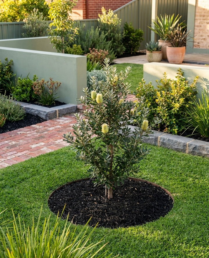 Banksia Marginata as a feature tree in a lawn with a mulched garden bed at its base in an Adelaide garden.