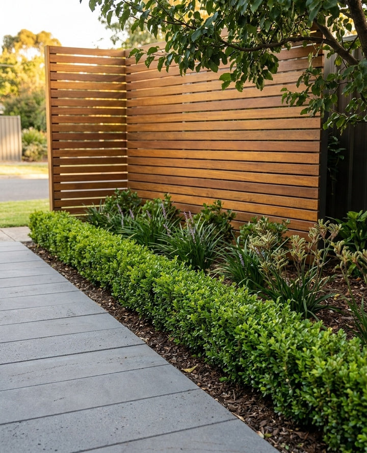 Buxus Microphylla var. Japonica planted as a neat clipped hedge edging a garden bed beside a path in an Adelaide garden.