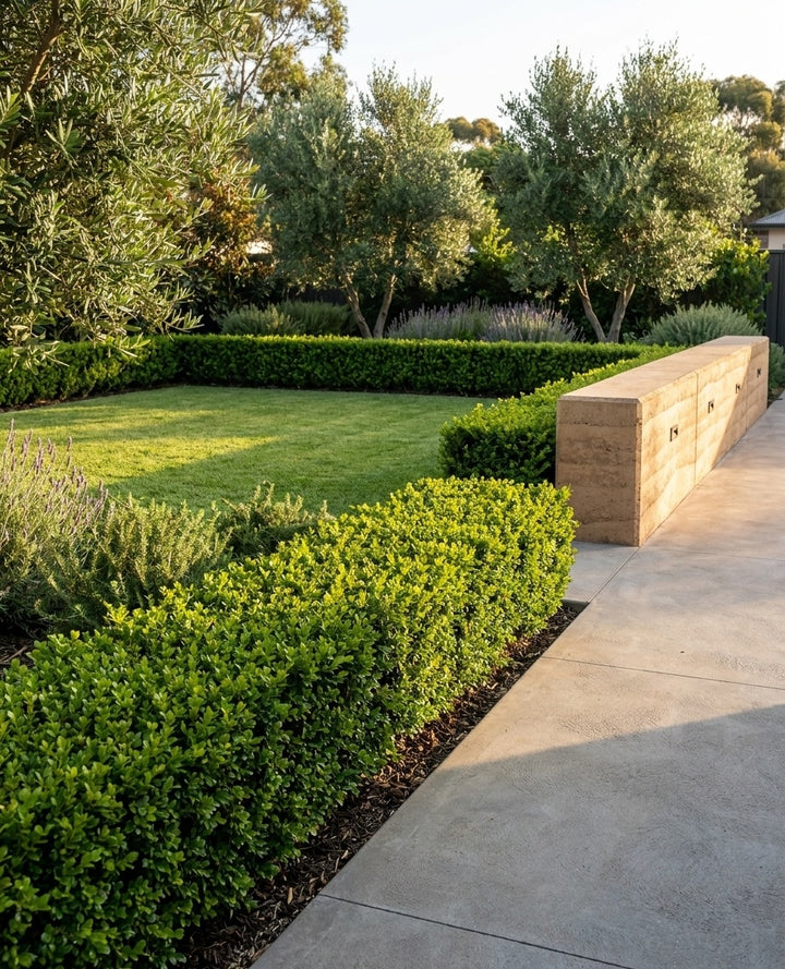 Buxus Microphylla var. Japonica used as a low formal border framing a lawn in an Adelaide garden.