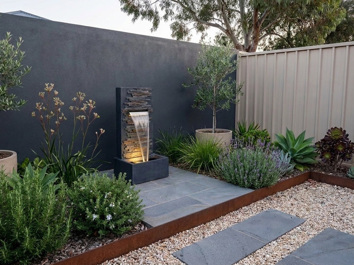 Calm Water Feature in a paved Adelaide courtyard at dusk, water running and its integrated LED lighting glowing