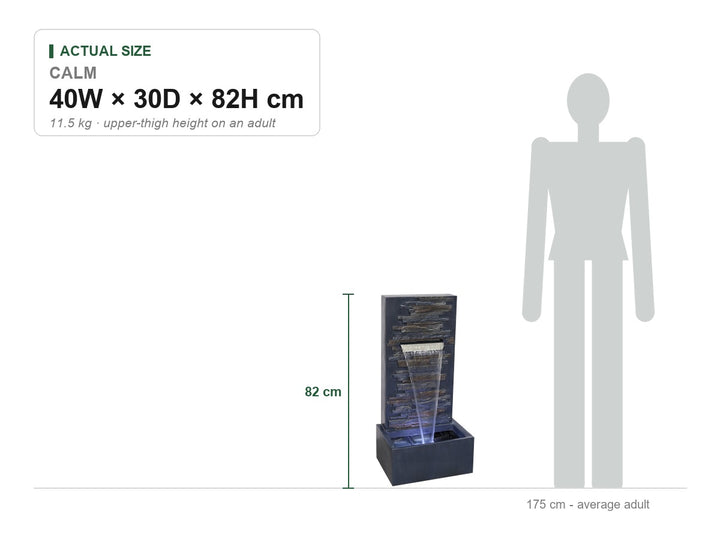Calm Water Feature size guide showing its real dimensions, 40W × 30D × 82H cm, drawn to scale beside a 175 cm adult