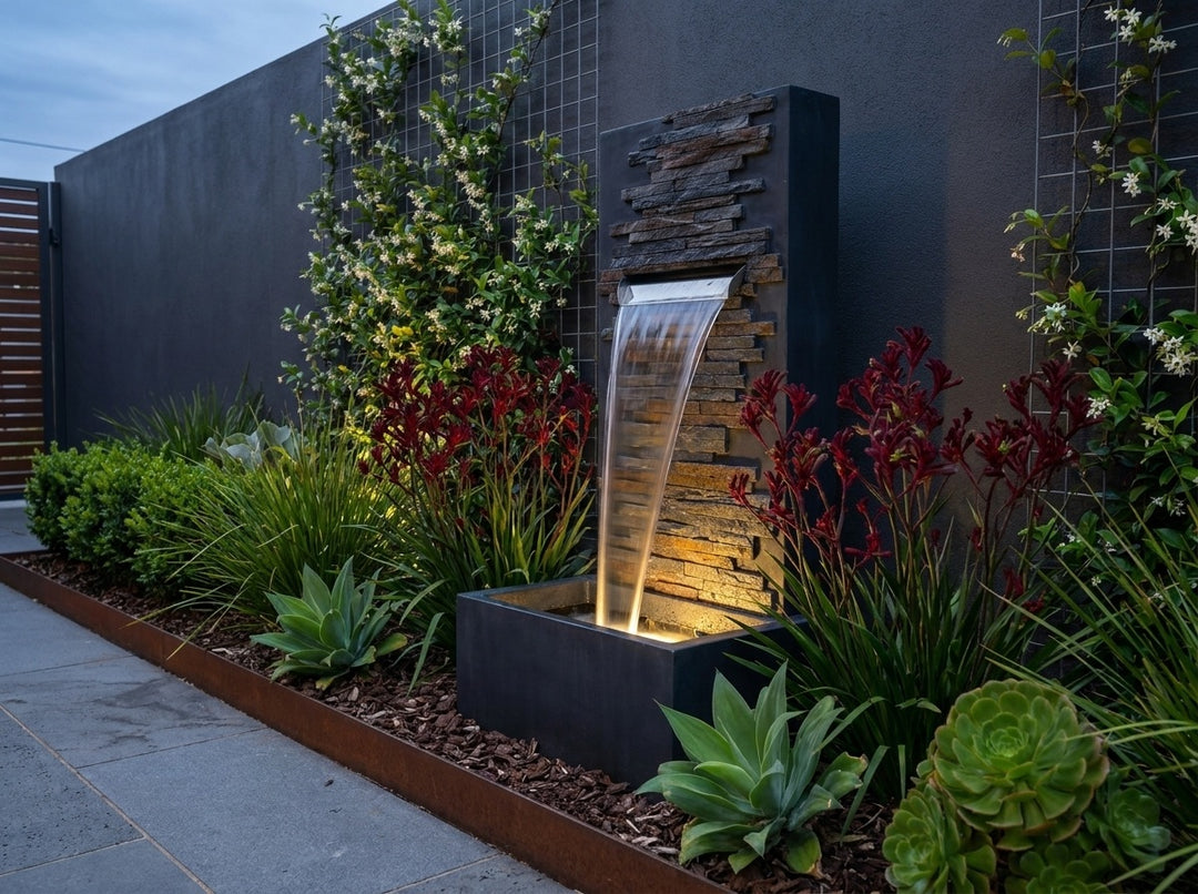 Calm Water Feature in a small city townhouse garden at dusk, water running and its integrated LED lighting glowing