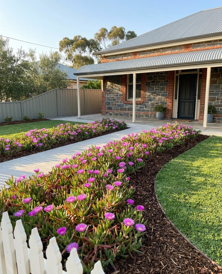 Carpobrotus Rossii mass-planted through a wide mulched bed beside paving, for a cohesive sweep in an Adelaide garden.