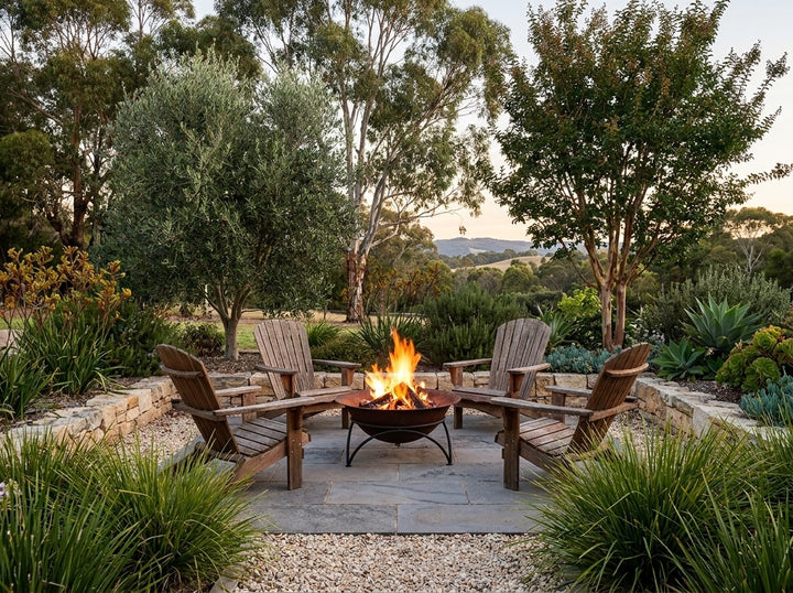 Cast Iron Fire Pit, 60.5 cm across and 30 cm high, burning in a gravel fire-pit clearing in an Adelaide Hills garden at dusk with chairs drawn up around it