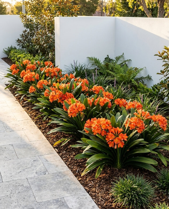 Clivia miniata mass-planted in a wide mulched bed beside a path in an Adelaide garden.