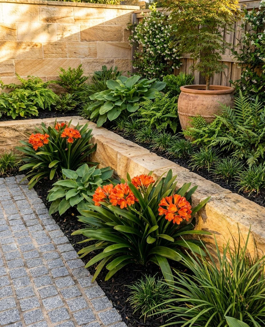 Clivia miniata used for texture through a mixed contemporary border in an Adelaide garden.