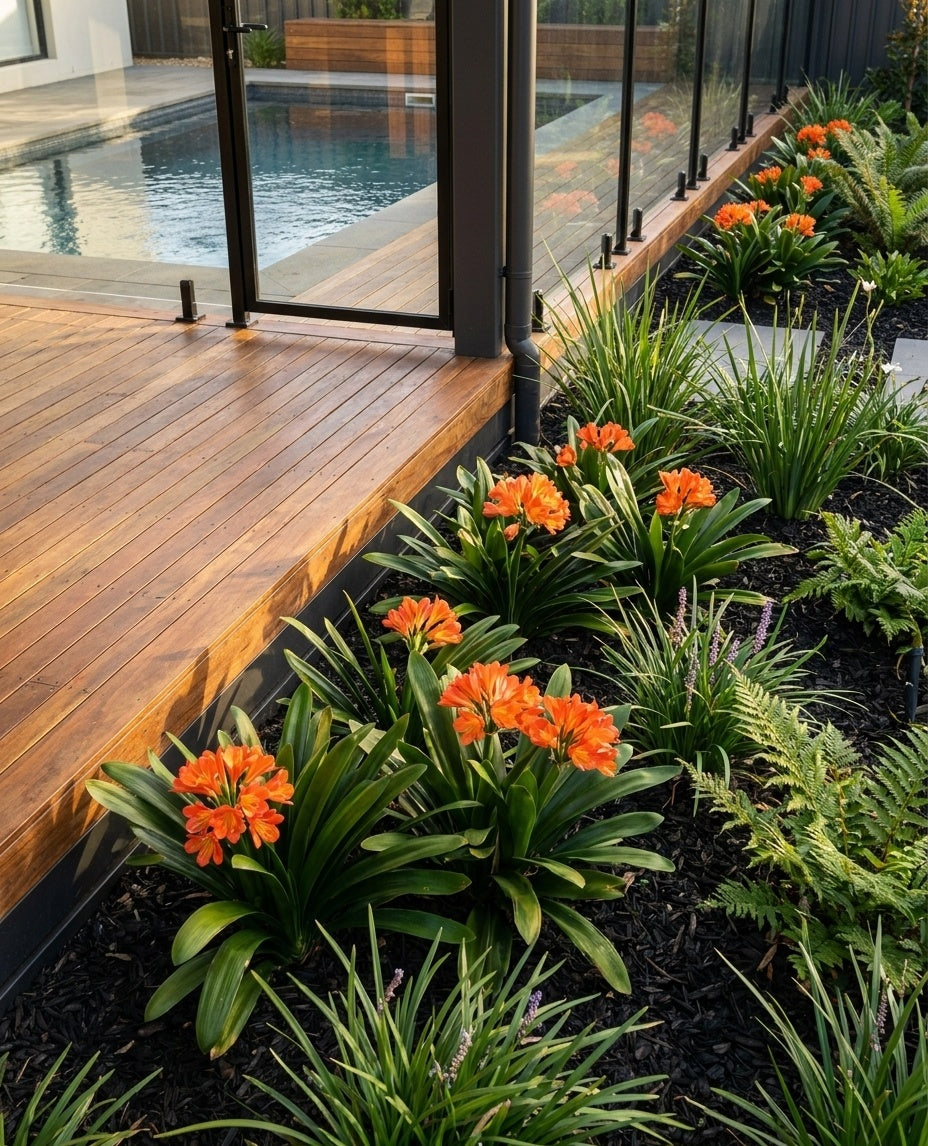 Clivia miniata planted along the edge of a paved pool surround in an Adelaide garden.
