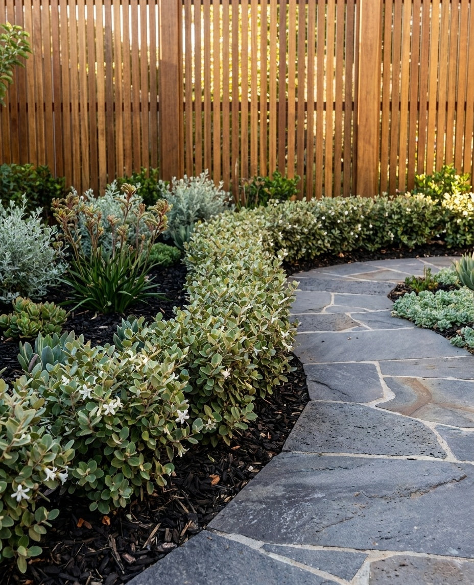 Correa Alba planted as a neat clipped hedge edging a garden bed beside a path in an Adelaide garden.