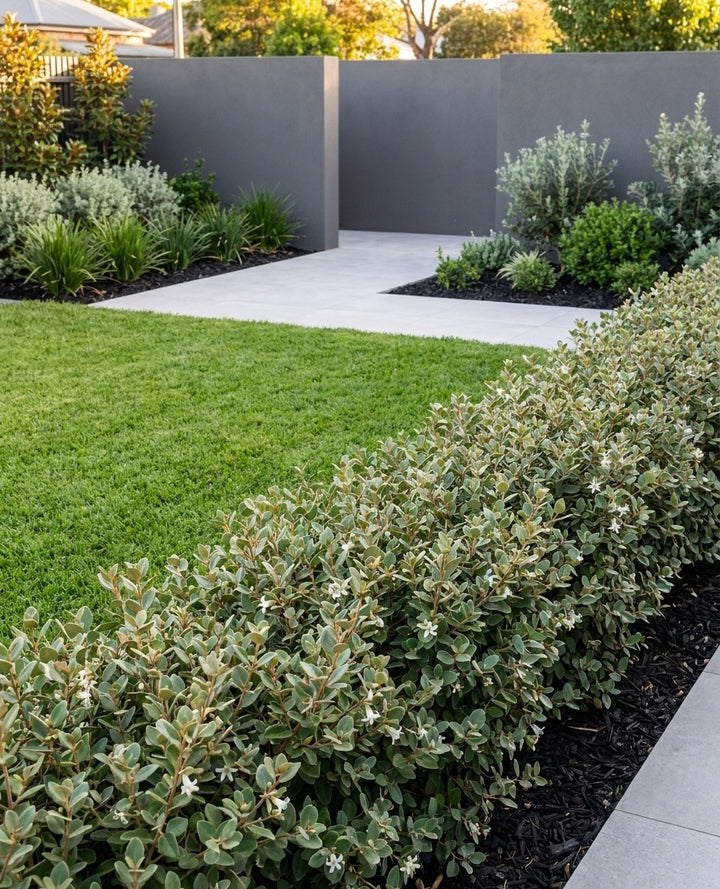 Correa Alba used as a low formal border framing a lawn in an Adelaide garden.