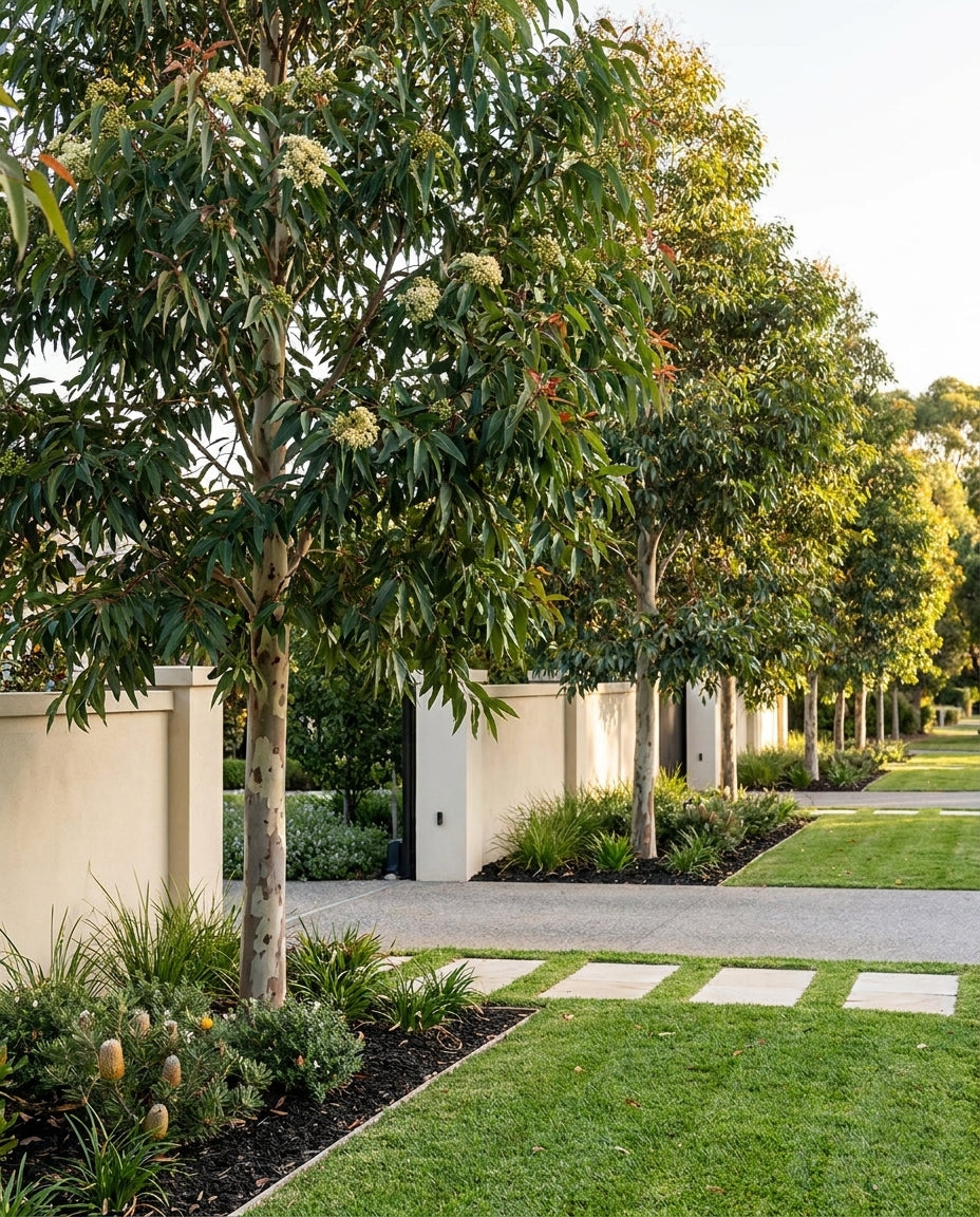 Corymbia maculata (Spotted Gum) as an avenue tree lining a long driveway, in an Adelaide garden.