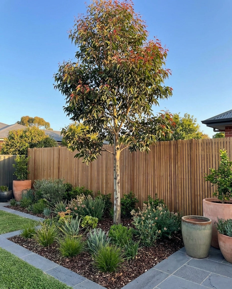 Corymbia maculata (Spotted Gum) as a stately feature tree showing its spotted trunk in a large Adelaide garden.