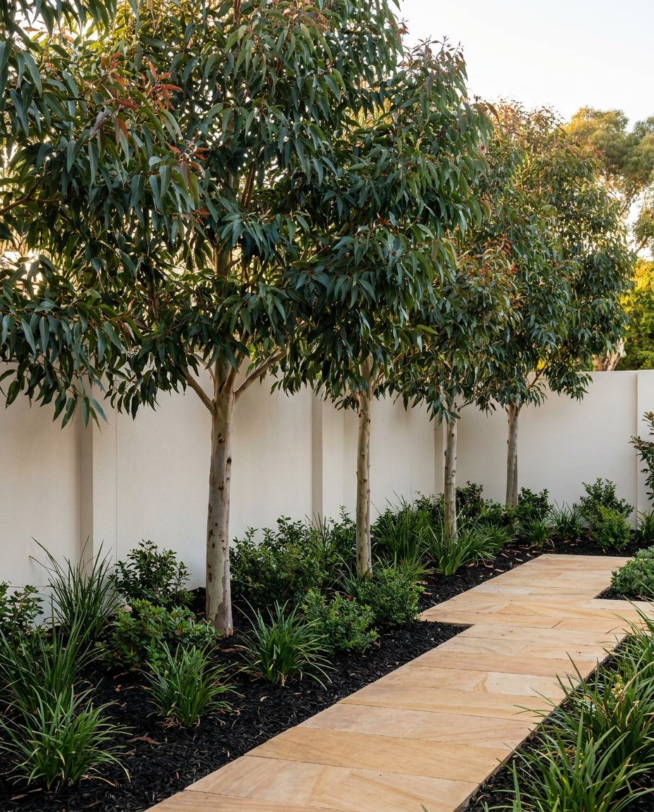 Corymbia maculata (Spotted Gum) mass planted for a cohesive native canopy, in an Adelaide garden.