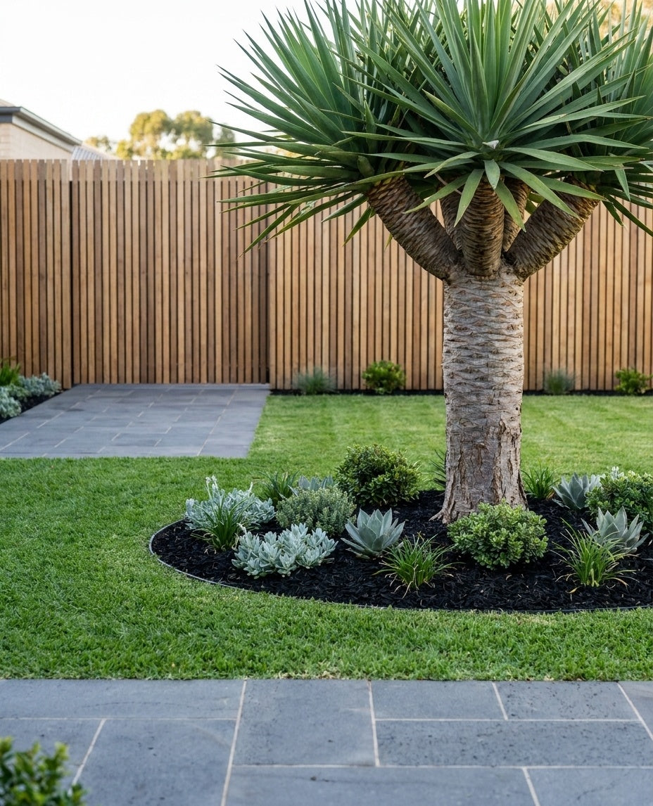 Dracaena draco as a feature tree in a lawn with a mulched garden bed at its base in an Adelaide garden.