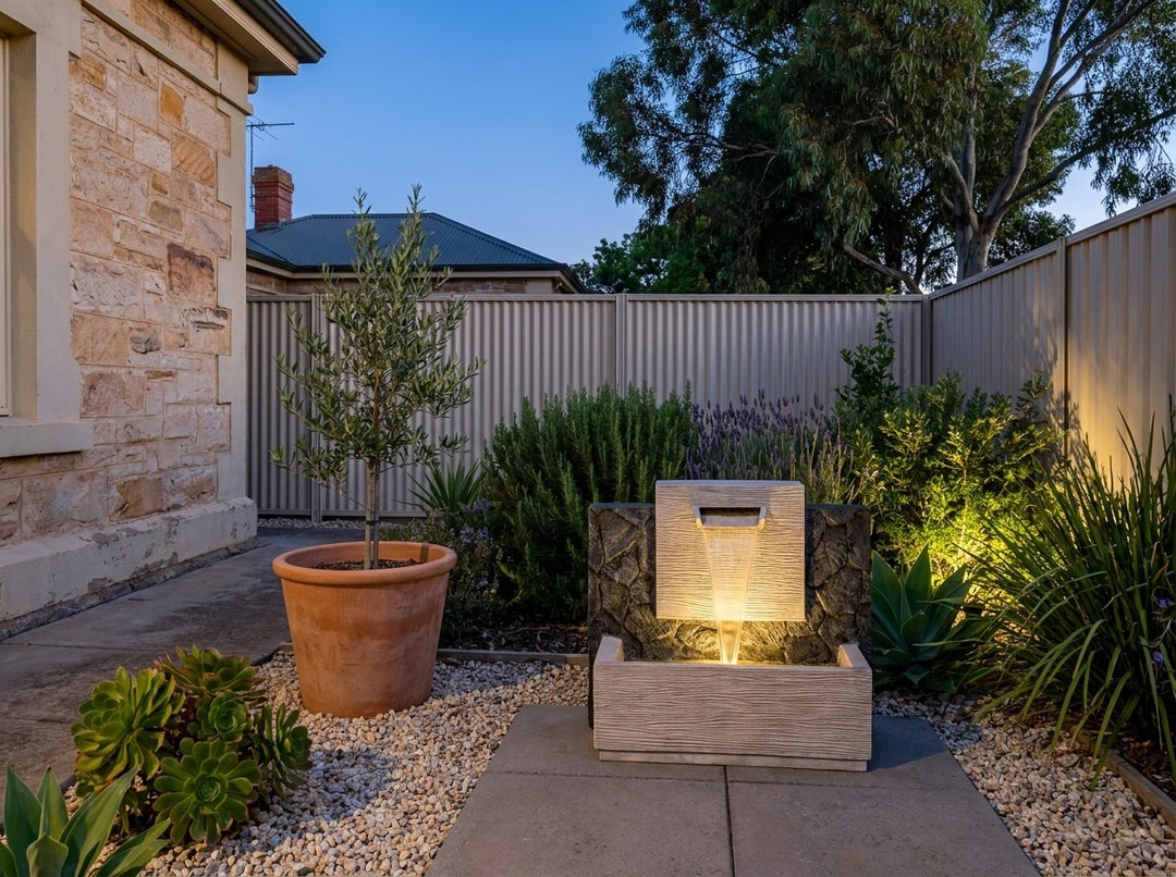 Enchantment Water Feature in a paved Adelaide courtyard at dusk, water running and its integrated LED lighting glowing
