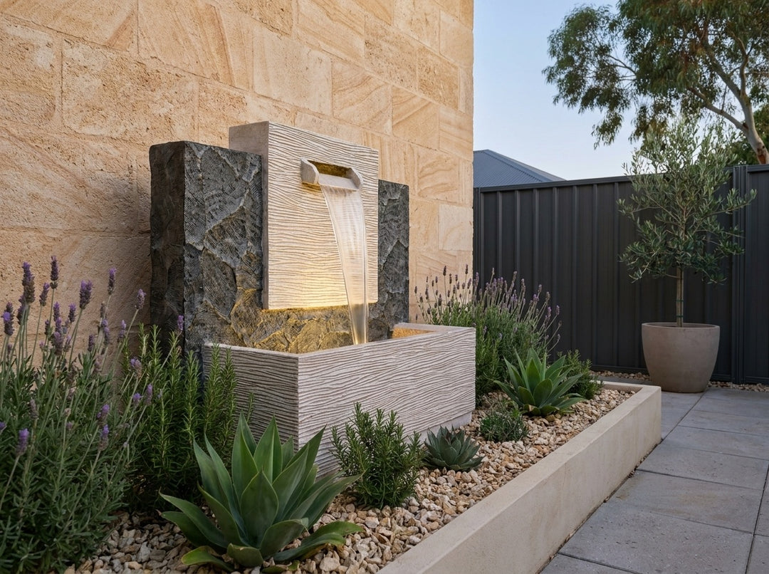 Enchantment Water Feature in a paved Adelaide courtyard at dusk, water running and its integrated LED lighting glowing
