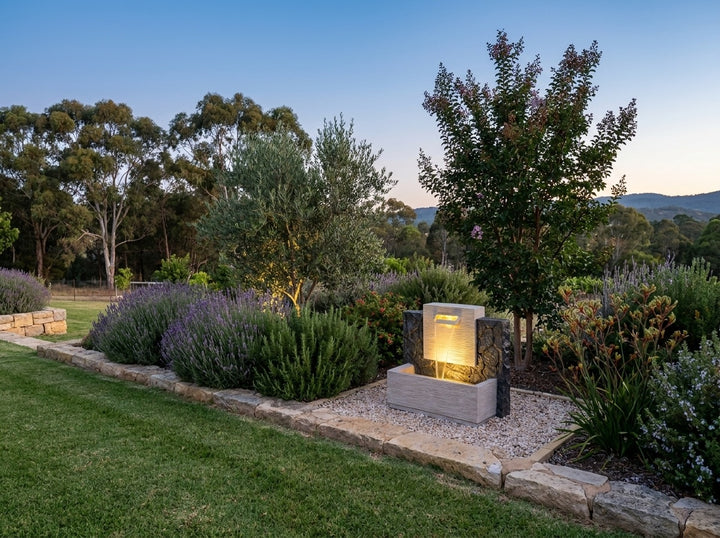 Enchantment Water Feature in an established Adelaide Hills garden at dusk, water running and its integrated LED lighting glowing