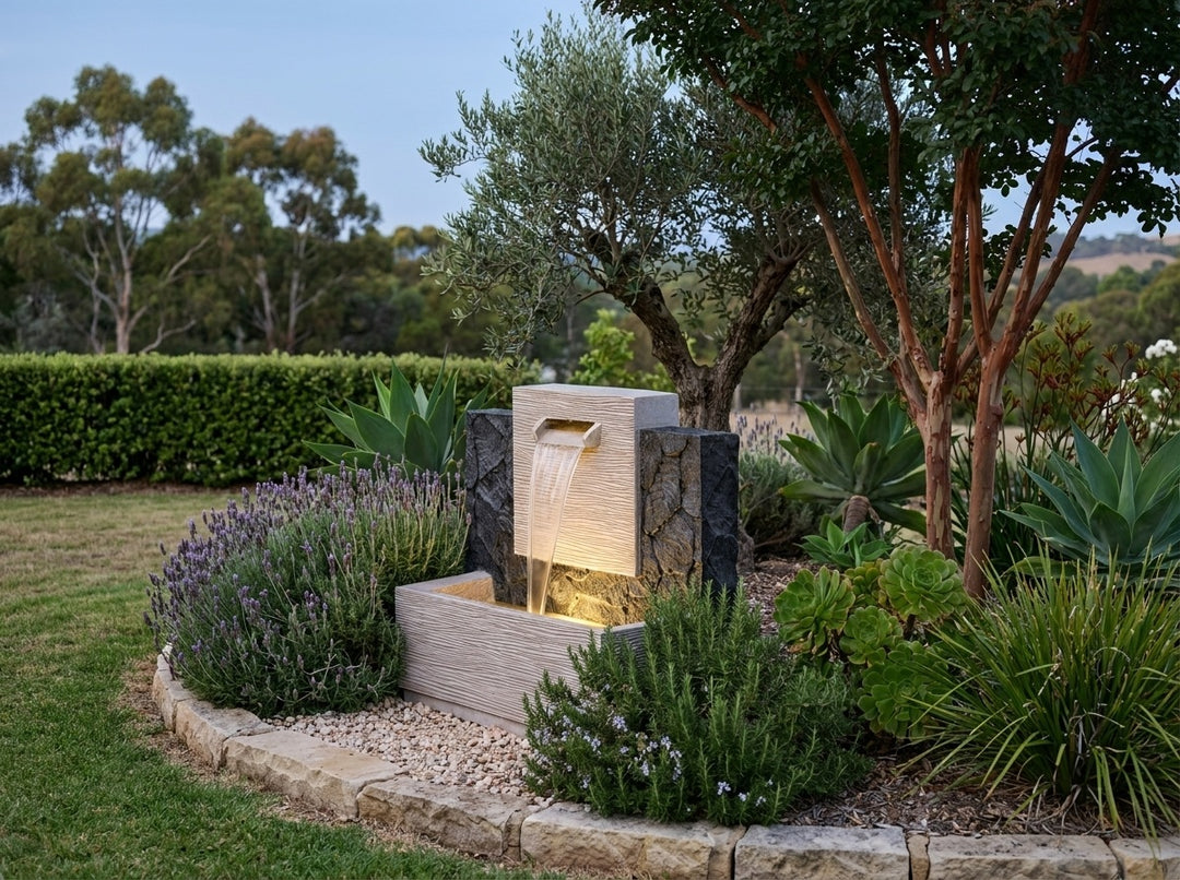 Enchantment Water Feature in an established Adelaide Hills garden at dusk, water running and its integrated LED lighting glowing