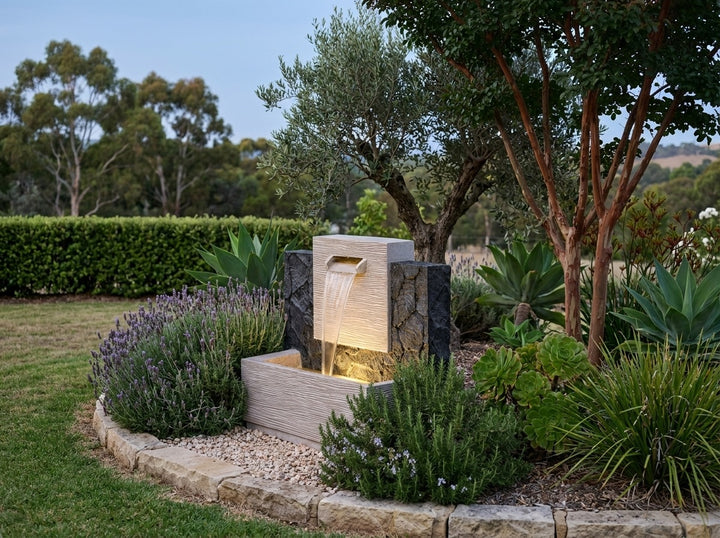 Enchantment Water Feature in an established Adelaide Hills garden at dusk, water running and its integrated LED lighting glowing