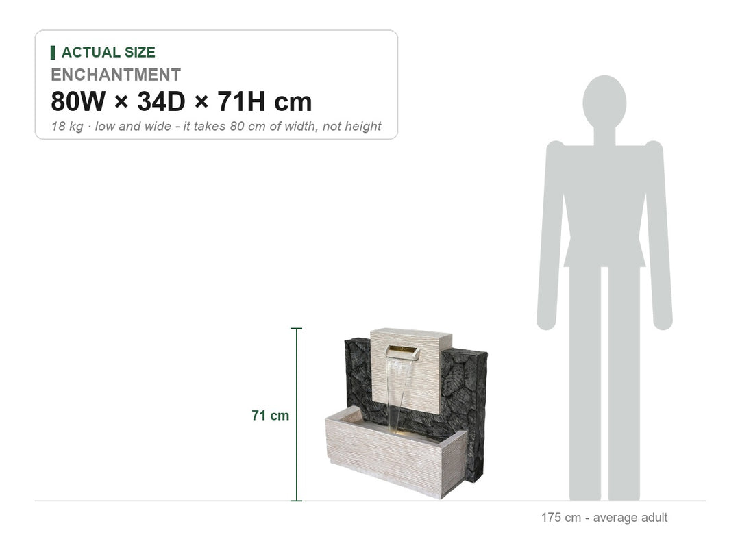 Enchantment Water Feature size guide showing its real dimensions, 80W × 34D × 71H cm, drawn to scale beside a 175 cm adult