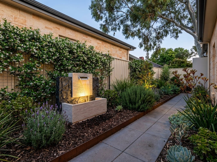 Enchantment Water Feature in a small city townhouse garden at dusk, water running and its integrated LED lighting glowing