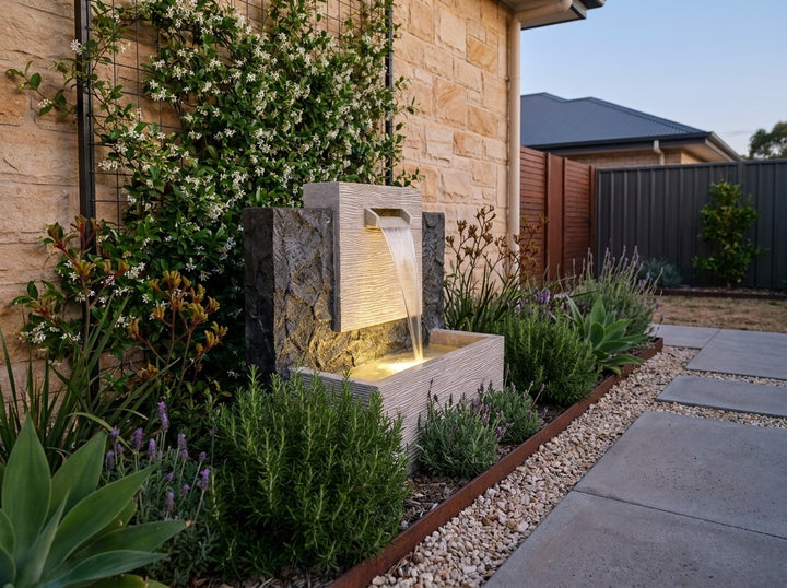 Enchantment Water Feature in a small city townhouse garden at dusk, water running and its integrated LED lighting glowing