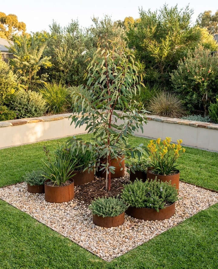 Eucalyptus Camaldulensis as a feature tree in a lawn with a mulched garden bed at its base in an Adelaide garden.