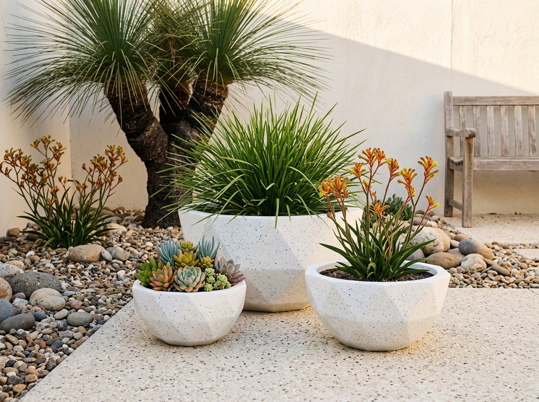 Geo Bowl terrazzo planter pots (Set of 3) in Arctic white styled in an Adelaide garden — Small 6L, Medium 16L, Large 38L; lightweight fibre-clay, indoor or outdoor.