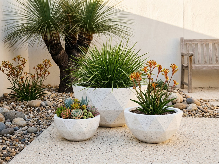 Geo Bowl terrazzo planter pots (Set of 3) in Arctic white styled in an Adelaide garden — Small 6L, Medium 16L, Large 38L; lightweight fibre-clay, indoor or outdoor.
