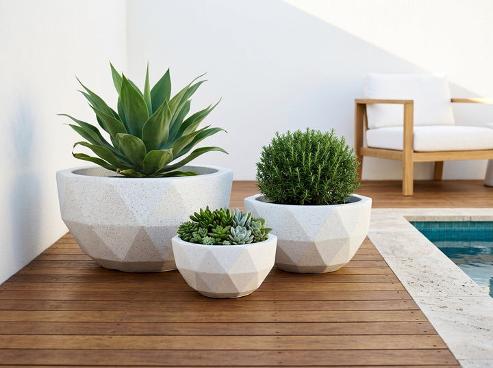 Geo Bowl terrazzo planter pots (Set of 3) in Blizzard white styled in an Adelaide garden — Small 6L, Medium 16L, Large 38L; lightweight fibre-clay, indoor or outdoor.
