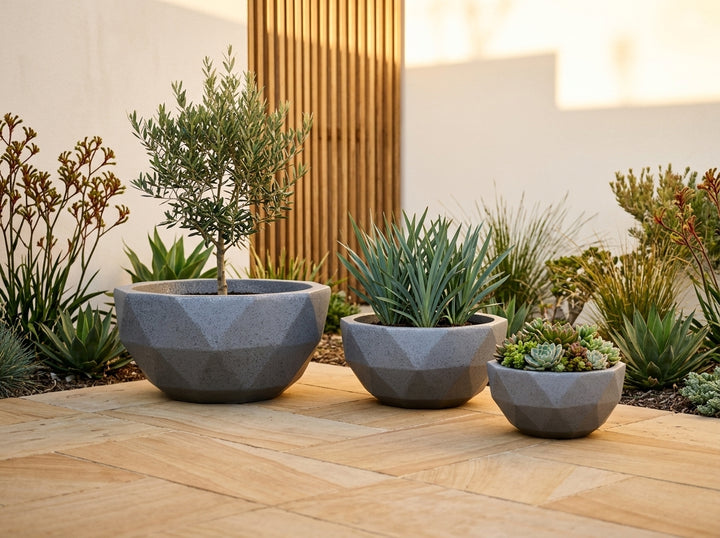 Geo Bowl terrazzo planter pots (Set of 3) in Graphite grey styled in an Adelaide garden — Small 6L, Medium 16L, Large 38L; lightweight fibre-clay, indoor or outdoor.