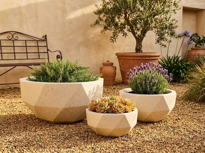 Geo Bowl terrazzo planter pots (Set of 3) in Nougat cream styled in an Adelaide garden — Small 6L, Medium 16L, Large 38L; lightweight fibre-clay, indoor or outdoor.